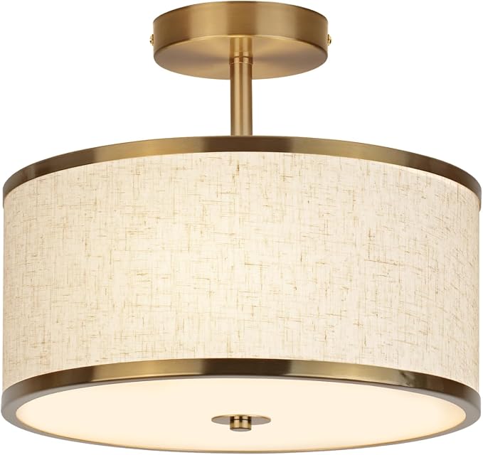 CALOKES 12.6 Inch Semi Flush Mount Ceiling Light, 3-Light Drum Lamp with Gold Brass Finish and Beige Shade, Ideal for Bedroom, Kitchen, Dining Room, Hallway, Entryway, and Foyer,