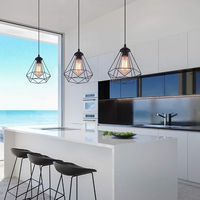 2 Pack Black Pendant Lights Kitchen Island,Farmhouse Hanging Lamp with Adjustable Cord,Small Metal Cage Hanging Ceiling Pendant Light Fixture for Dining Room,Entryway,Kitchen Island Sink,Foyer