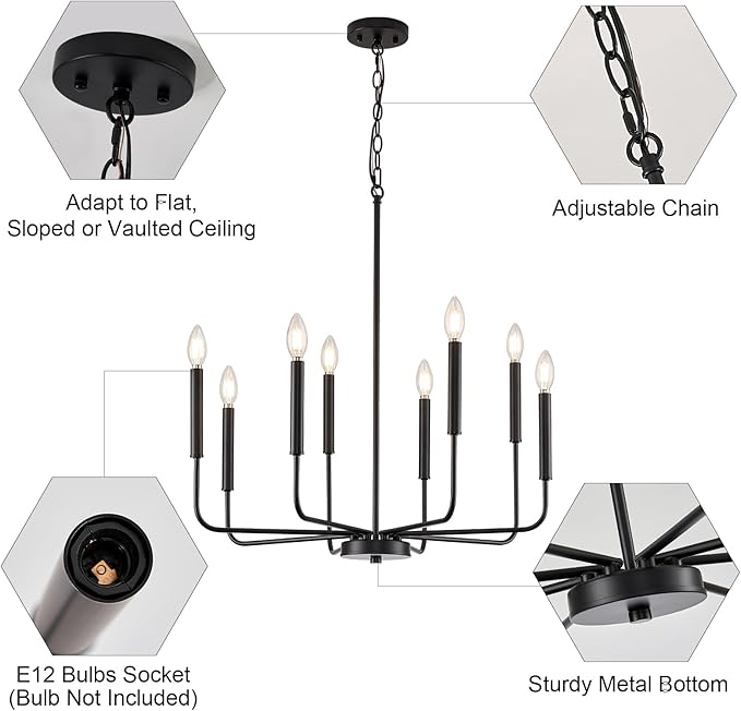 Modern Black Chandelier for Dining Room,Metal 8-Light Kitchen Light Fixtures, Farmhouse Candle Hanging Pendant Light for Living Room Entryway Foyer Bedroom (Bulbs Not Included)