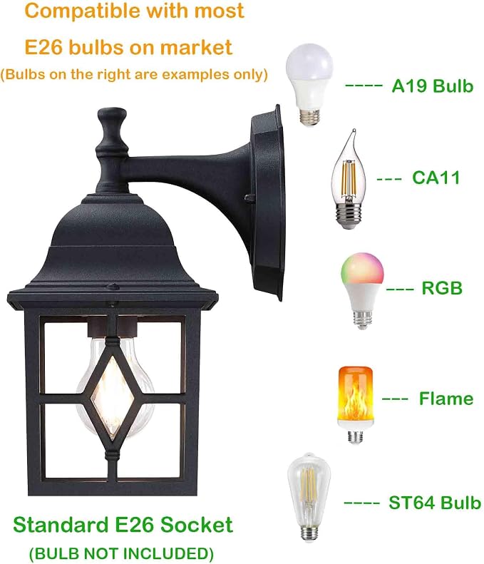 Outdoor Wall Light Fixture, Rustproof Aluminum, Glass | Large Exterior Porch Light Wall Sconce Lantern for House, Patio, Garage, Waterproof, E26 Socket 60W Max, Black