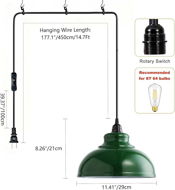 XZHGCEE Plug in Pendant Light: Green Hanging Lamp Plug in, 14.7ft Swag Lamp Cord with On/Off Switch for Kitchen Island/Dining Room/Bedroom/Living Room Hanging Light, No Bulb