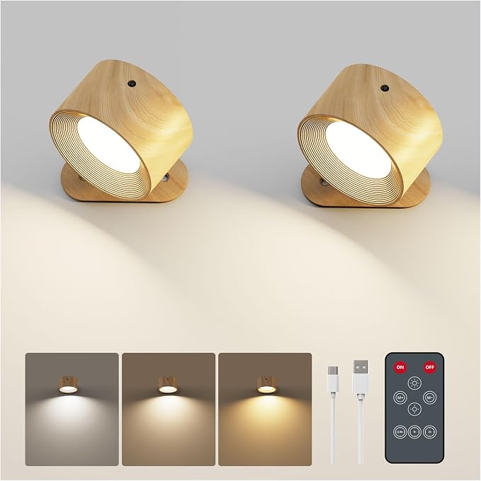Kitloo Rechargeable Wall Sconces 2200mAH Battery Operated, 200LM LED Wall Light 3 Color Temps & Remote and Touch Wall Lamps, 360°Rotate Magnetic Ball Dimmable Cordless Lights for Reading 2 Pack