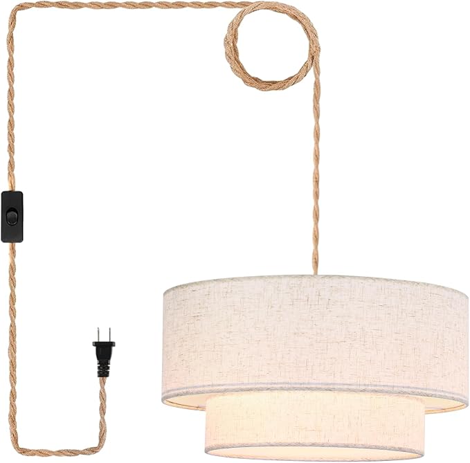 Plug in Pendant Light, 2-Tier Drum Linen Pendant Lights with 15.7FT Handmade Woven Light Cord，17.7" Plug in Chandelier for Dining Room Kitchen Island and Bedroom
