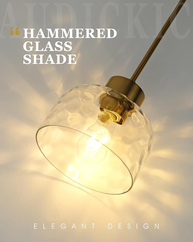 2-Pack Pendant Lights Kitchen Island, 8" Brushed Gold Hanging Light Fixtures with HHammered Glass, Modern Brass Kitchen Pendant Lighting Over Island for Dining Room, AD-24024-1P2L-GD-H