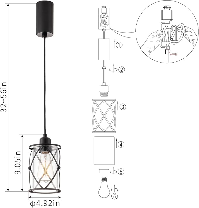 mirrea H-Type Black Track Lighting Pendant with Dotted Cage Clear Glass, Adjustable Hanging Light, E26 Socket, Pack of 3