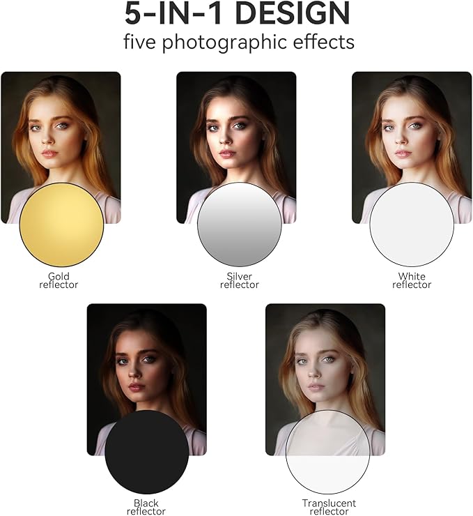 UTEBIT 31 Inch (80cm) Light Reflector Stand Kit Diffuser 5 in 1 Collapsible Multi Disc with Bag, 48 Inch Light Stand, Photography Reflector Holder-Translucent/Silver/Gold/White/Black