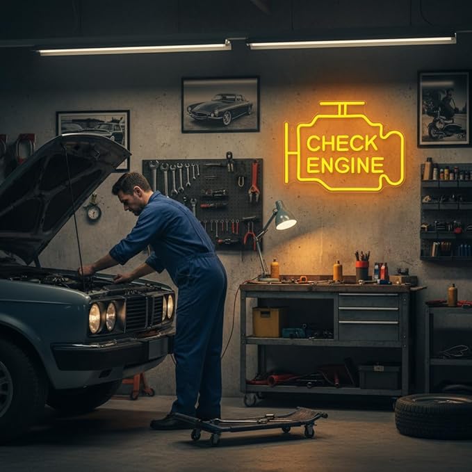 Check Engine Neon Signs for Wall Decor, Garage Led Neon Light Sign for Man Cave Decor, Funny Gifts for Dad & Car Guys, Mechanics, Auto Repair Shop, Workshop, Garage Decor, USB Powered