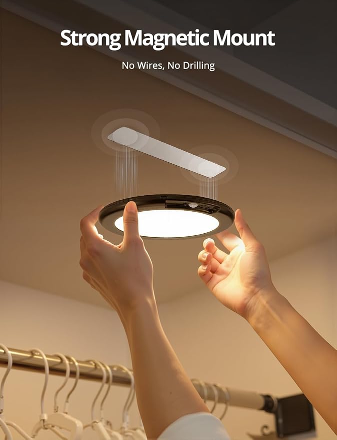 2 Pack Black Operated Battery Powered Motion Sensor Ceiling Lights Wireless, Rechargeable 60 Day Battery Life Waterproof Inside Shower Lighting with Remote Magnetic No Wiring for Garage Closet
