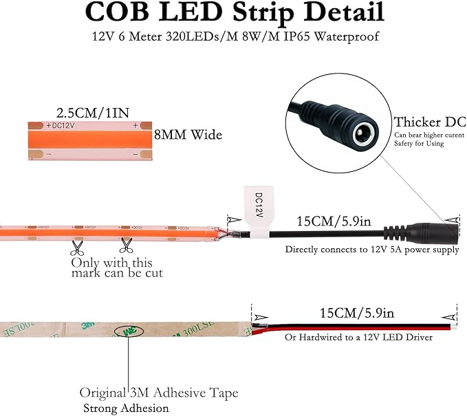 JOYLIT 12V COB Red LED Strip Lights Waterproof 20FT/6M 320LEDs/M Uniform Flexible Tape Light for Cabinets, Shelves, Counters, Closets, RV Decoration (LED Strip Only)