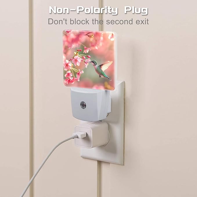 Hummingbird with Cherry Blossoms Night Light Plug into Wall, Pink Flowers Bird Dusk to Dawn Night Light Plug in,0.5w Energy Saving Sleep Friendly NightLight for Kids Boys Girls Home Decor