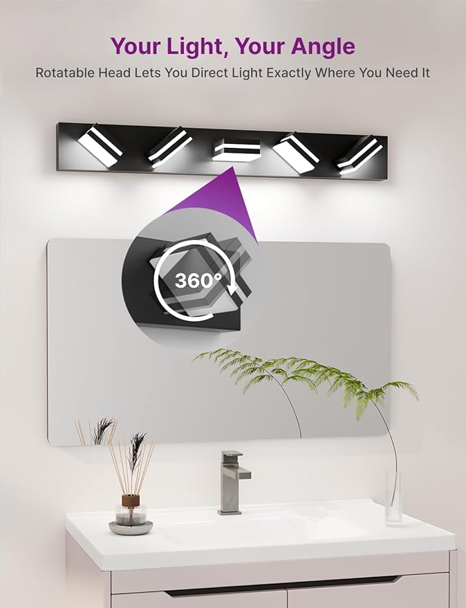 Modern Bathroom Vanity Light, 36" 5-Light Bathroom Lighting Fixtures Over Mirror, LED Vanity Light 3000K 4000K 5000K CCT Adjustable, Matte Black