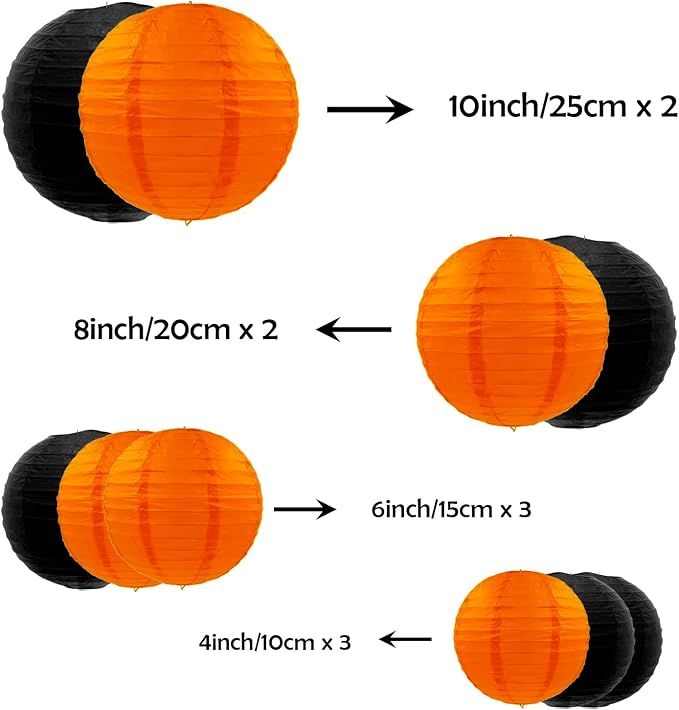 ZOOYOO 10Pcs Paper Lanterns,Black Orange Round Hanging Tissue Paper Lanterns Decorations for Kids Birthday,Graduation,Halloween,Theme Party Garden Home Decor