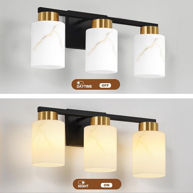3-Light Bathroom Light Fixtures, Modern Vanity Lights, Black and Gold Metal Wall Lamp with White Marble Glass for Bathroom, Mirror, Living Room, Bedroom, Cabinet, Porch, Hallway, E26 Base