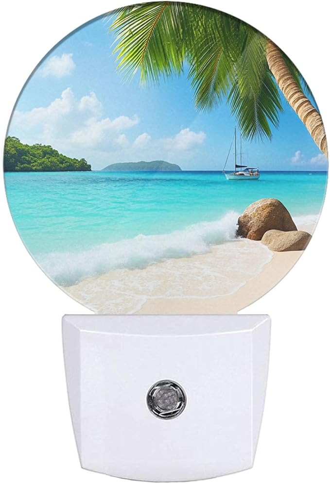 EKOBLA Palm Tree and Beach LED Night Light Island Beach Sea Ocean Dusk to Dawn Plug-in Nightlights Auto Sensor for Home Indoor Bathroom Hallway Kitchen