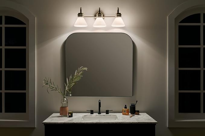Kichler Farum 3-Light Bathroom Vanity Light, Champagne Bronze | Modern vanity light with opal glass for bathroom mirrors (26" x 9.5"), 55155CPZ