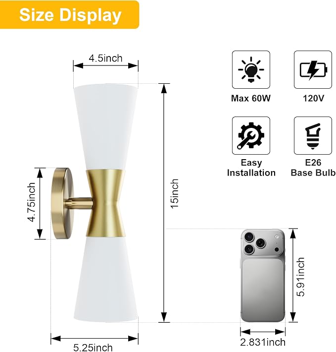 Wall Sconces Set of 2 for Bathroom, Modern Indoor Vanity Light Fixtures 15", Up Down Lighting, Wall Mount Lamp for Living Room Bedroom Hallway Stairway Fireplace Mirror E26 Base 2PC White&Gold