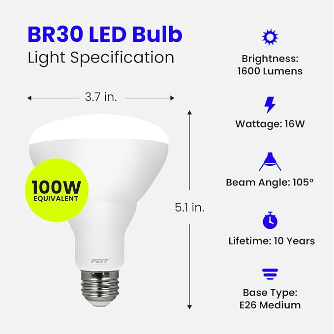Feit Electric BR30 LED Light Bulbs, 100W Equivalent, Dimmable, E26 Standard Base, 80 CRI, 1400 Lumens, 5000K Daylight, 120V, 10 Years Lifetime, Damp Rated, 24 Pack, 100BR30DM85010KLED/6