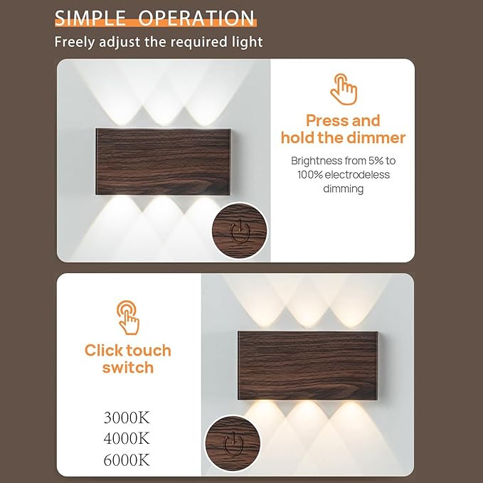 2 Pcs LED Magnetic Wall Sconce Lights,5000mAh Wireless Bedside Wall Light USB Rechargeable Reading Wall Lamp,3 Lighting Colors And Dimmable Battery Operated Wall Sconces (Walnut color, 2 pcs)