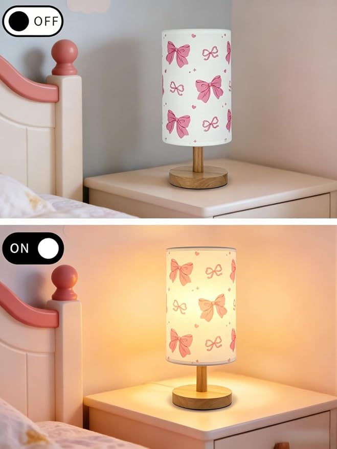 Pink Bow Table Lamp,Kids Bedside Lamp for Bedroom Girls Decorative Lights 3 Colors Nightstand Night light with Linen Lampshade Desk Lamp for Boys Girls Birthday Gifts for Home Office Living room Decor