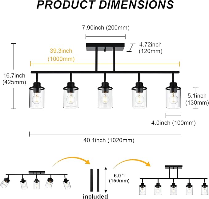 Yaohong 5-Light Kitchen Track Light Fixtures Ceiling Vanity Lights Black, Bathroom Track Lighting Kit with Ajustable Heads, Modern Wall Ceiling Tracking Light for Hallway Shop