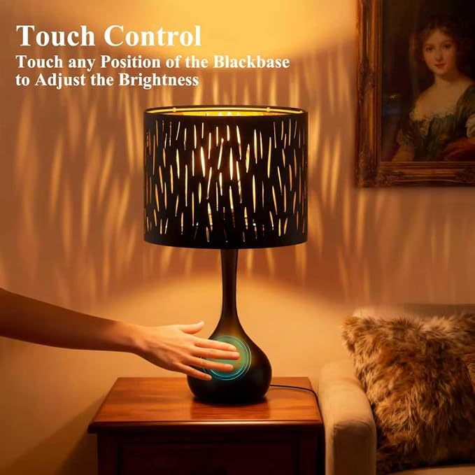 ONEWISH Touch Bedside Lamp for Bedroom, 3-Way Dimmable Table Lamps for Nightstand, Black Cutout Shade with Gold Lining Desk Lamp for Living Room, End Tables, LED Bulb Included