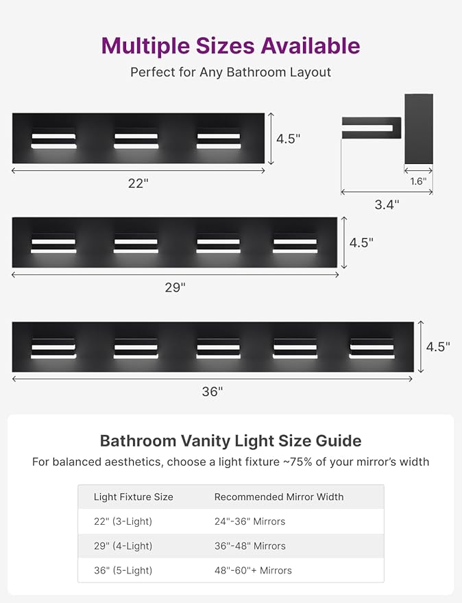 Modern Bathroom Vanity Light, 22" 3-Light Bathroom Light Fixtures Over Mirror, LED Bathroom Light 3000K 4000K 5000K CCT Adjustable, Matte Black