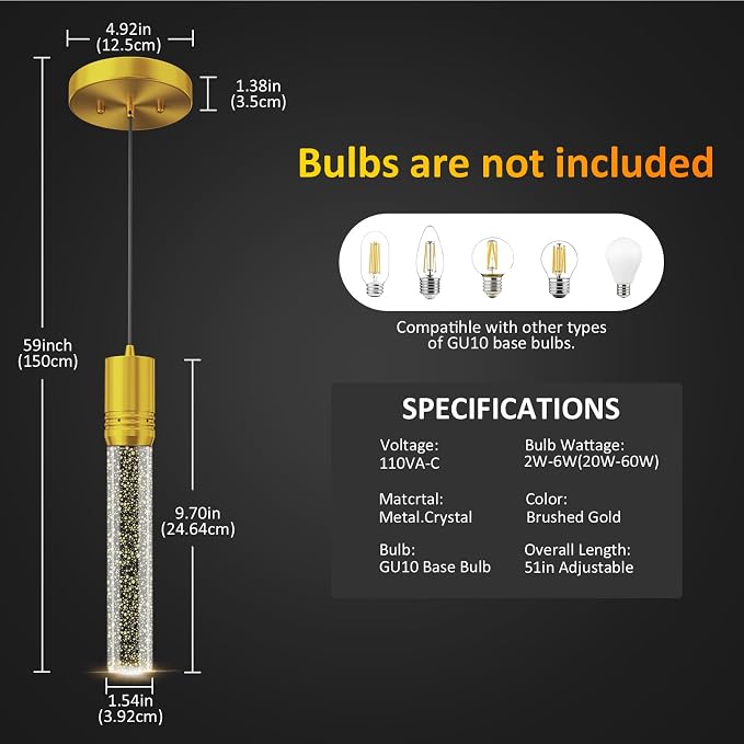 Gold Pendant Lights Kitchen Island, Crystal Bubble Pendant Lights, Adjustable Modern Pendant Light Fixtures for Dining Living Room Bedroom 3 Pack