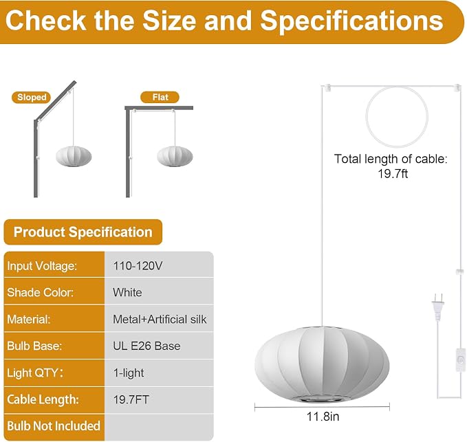 11.8in Plug in Pendant Light Small Lantern, White Imitation Silk | Plug in Hanging Lamp Wabi Sabi Japanese Bubble Lantern Pendant Chandelier for Living Dinning Room Kitchen Island Bedroom 1PK