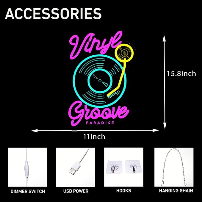 Vinyl Record Groove Neon Sign Music Neon Sign for Wall Decor, Dimmable LED Neon Light for Studio Bedroom Bar Man Cave, Retro Music Wall Art Gift for DJ or Music Lover