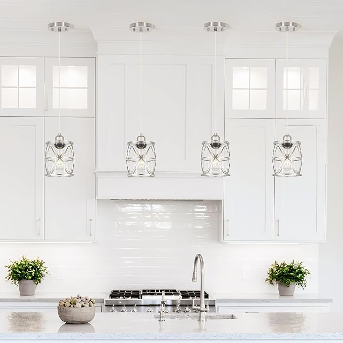 Brushed Nickel Pendant Lights for Kitchen Island, 2 Pack Adjustable Bathroom Pendant Light, Modern Hanging Lights with Clear Glass for Dining Room Island Sink, E26 Base,5.51'' Shade 59.06''Cord