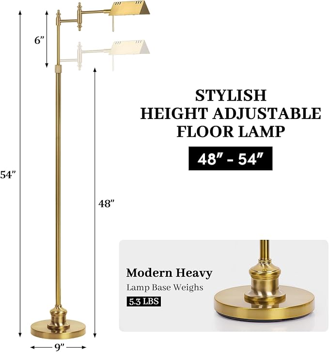 Bairth Antique Brass Reading Floor Lamp,Rotatable Pharmacy Standing Lamp | 90°Rotatable Lamp Head 3 Color Temperature, Dimmable, 17W LED, Height Adjustable, 360°Swing Arm, Living Room, Bedroom, Craft