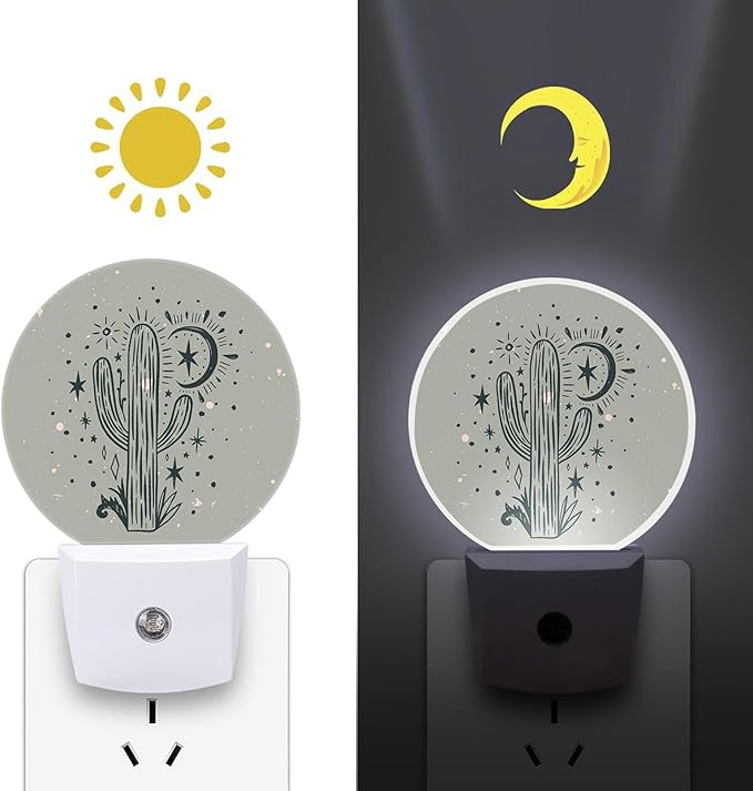 Round LED Night Light,Wild Cactus Desert Arizona Vintage LED Night Light Plug into Wall with Dusk to Dawn Light Sensor White Energy Efficient Nightlight for Bedroom Hallway Living Room Kitchen