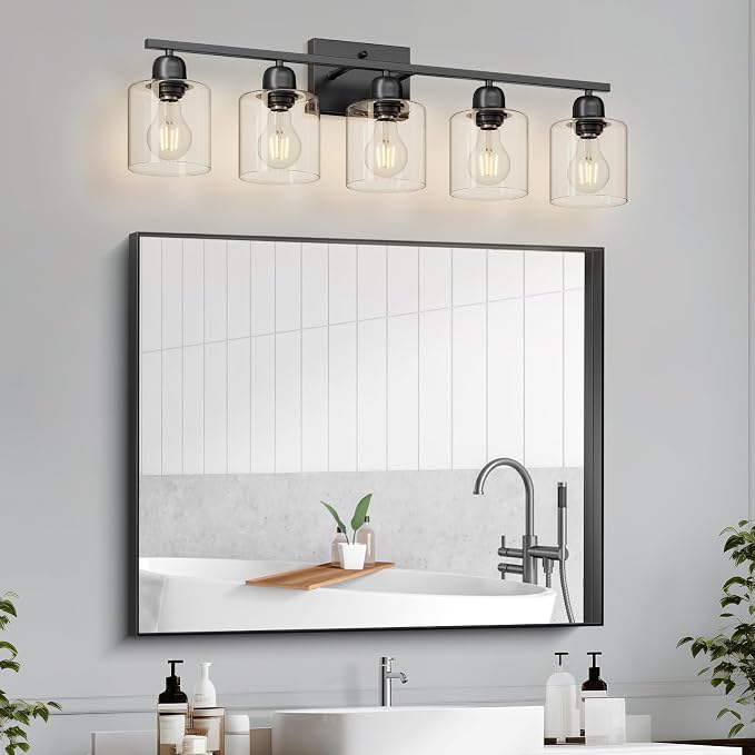Modern 5 Light Bathroom Vanity Light, 31 inch Black Bathroom Lights Fixtures, Vanity Lights with Clear Glass for Mirror Kitchen Living Room Hallway Cabinet Porch