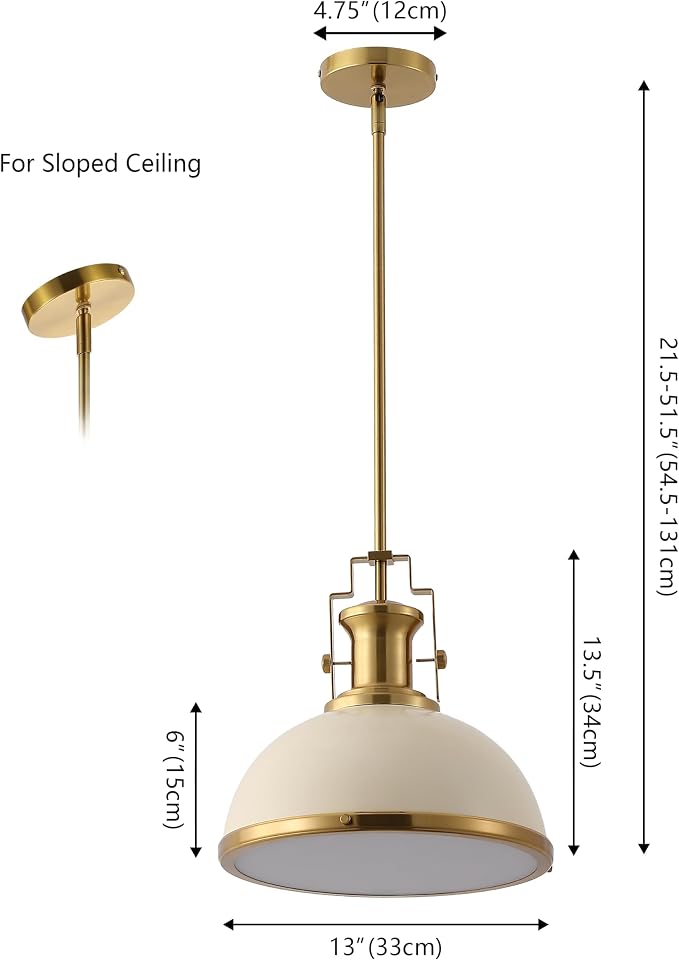 JONATHAN Y Homer Industrial Dome Pendant 13", Almond/Brass Gold | 1-Light, Farmhouse Style, Adjustable Hanging Height, Glass Diffuser, Sloped Ceiling Compatible, Metal, LED Bulb Included