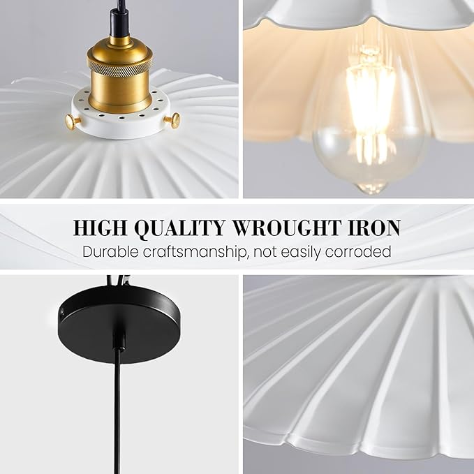 Pendant Lights, 13.8 Inch Glossy White Lampshade Hanging Kitchen Lights 7Ft Height Adjustable Island Pendant Lights for Kitchen Industrial Style Hanging Light for Bedroom 2Pack