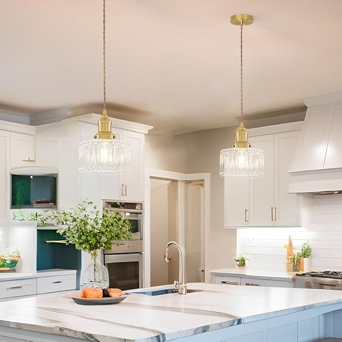 6.9in Vintage Pendant Lights for Kitchen with Clear Striped Glass Shade, Brushed Gold Pendant Lights Kitchen Island, Small Light Pendant Adjustable Hanging Light for Entrance Bedroom Hallway Home