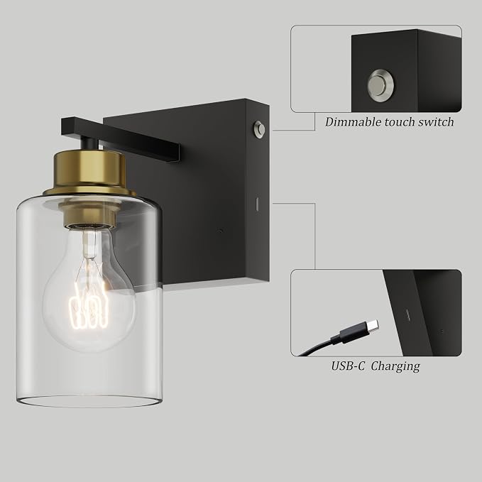 Rayogale Wireless Battery Operated Wall Sconce Set of 2 with Remote Control | Black & Gold Dimmable Rechargeable Wall Lights with Timer, Easy Install Glass Lamp for Living Room Bedroom, Emergency 3000K