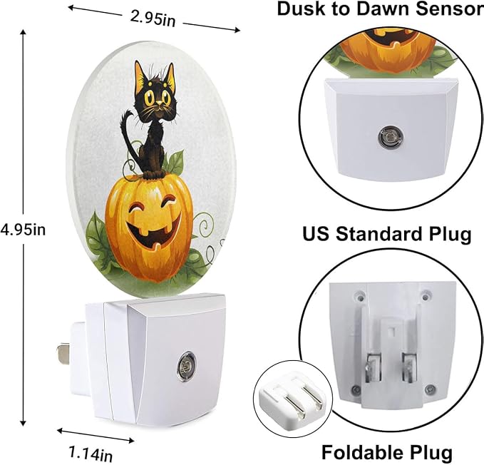 Plug in Nightlight Thanksgiving Harvest Cat Sit on Pumpkin Night Light Cute Black Cat Kitten Funny Pumpkin Plug-in Nightlight Auto On/Off for Men Women Boys Girls, LEDLAMP3016