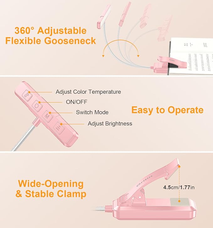 Gritin 2026 Gen 2 Book Light for Reading- 32 Eye Caring Full Spectrum LED | 5 Colors & 5 Brightness, Adjustable Wide/Narrow Beam, Upgrade 1500mAh Long-Lasting Rechargeable Clip on Light-Pink