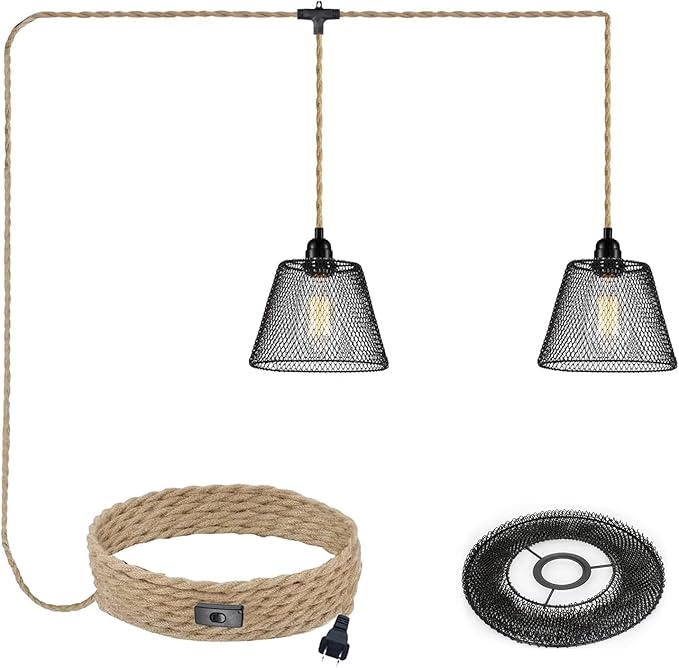 2 Light Plug in Pendant Light Cord, 19.68ft Hemp Rope Cable, Black Metal Cage Lampshade Ø20cm, E26/E27 Socket Vintage Hanging Lights with Plug in Cord for Dining Room Living Room