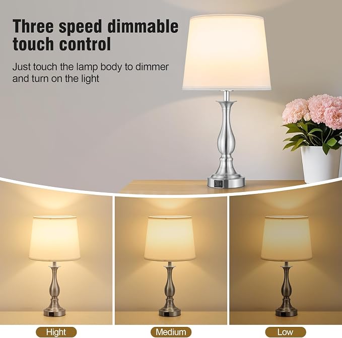 Bedside Table Lamp Touch Control Bedroom Lamps with USB A + C Charging Port 3 Way Dimmable Touch Lamps for Nightstand Living Room Bedroom Dorm Home Office Reading, Set of 2 (White Shade & Nickel Base)