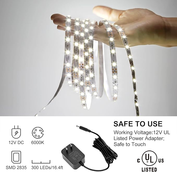 KOPMHYE 5M Dimmable LED Strip Lights Kits, 12V Tape Light, 300 2835 LED, 16.4ft 6000K Daylight White Ribbon with Power Adapter, Light Strips for Under Bed, Vanity Mirror, Cabinet, Non-Waterproof