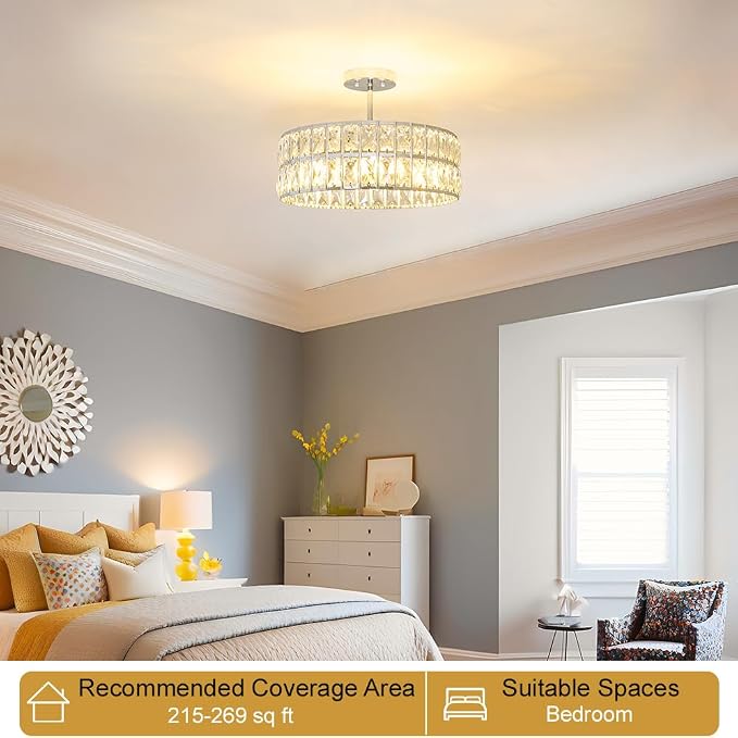 Lxybcce Crystal Ceiling Light Fixture, Modern Chrome Ceiling Light Chandelier, Semi Flush Mount Chandelier Lighting Fixture for Kitchen Entryway Living Room Dining Room, 5-Light, 16 Inch