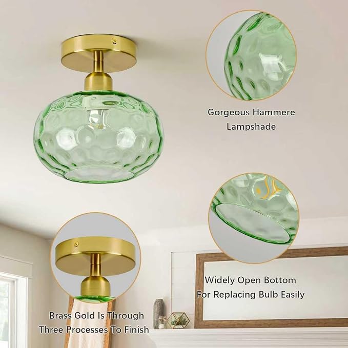 7.9″ Vintage Small Green Semi Flush Mount Hallway Ceiling Light ,2 Pack | Art Deco Hammered Glass,Whimsical,MCM,Gold Mid Century Light Fixtures for Closet Cottage Entryway Laundry Room Foyer