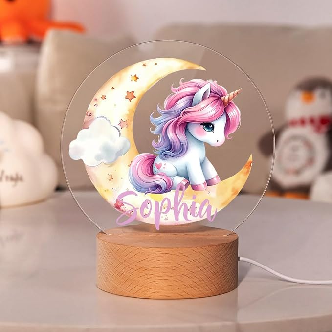 Personalized LED Night Light - Custom Name & 20 Patterns, Cute Unicorn Lamp with Wooden Base for Bedroom Decor, Gifts for Kids Girls Boys