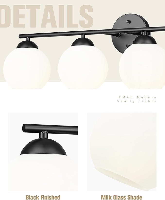 Emak 29 Inch Black Vanity Light with Milk Glass Shade, Farmhouse Globe Bathroom Light Fixtures Over Mirror, Modern 4-Light Bathroom Vanity Light, VL114-BK-ML-4