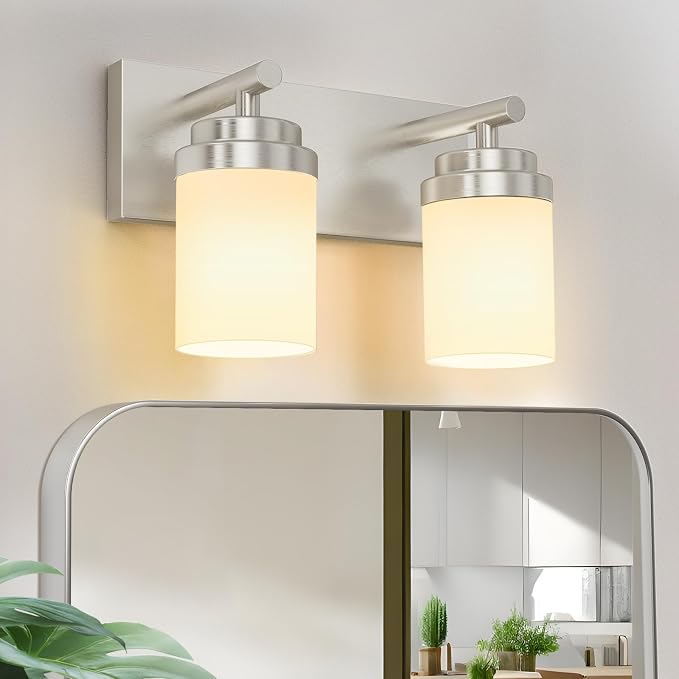 IZORRO Bathroom Vanity Light Fixture, 2-Light 15 Inch Brushed Nickel Bathroom Light Fixtures Over Mirror, with White Glass Shade, Modern Farmhouse Vanity Lights, Rustic Restroom Lighting Fixtures