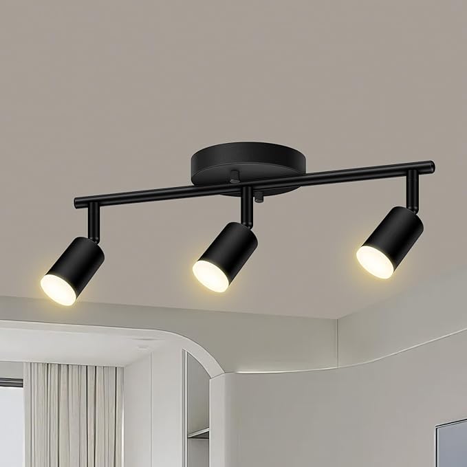3 Light Track Lighting Fixtures Ceiling, 12W/2700K Black Track Lighting with Acrylic Lampshade & Rotatable Light Heads, 20000hrs Lifespan, Modern LED Track Lights Ceiling for Kitchen/Hallyway