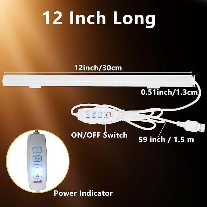 12 Inch LED Light Bar USB Powered 3 Colors, Dimmable Magnetic Frosted Cover | White, Warm White, Yellow, with Switch for Under Monitor, Under Desk, Cabinet, 3D Printer, Over Sink