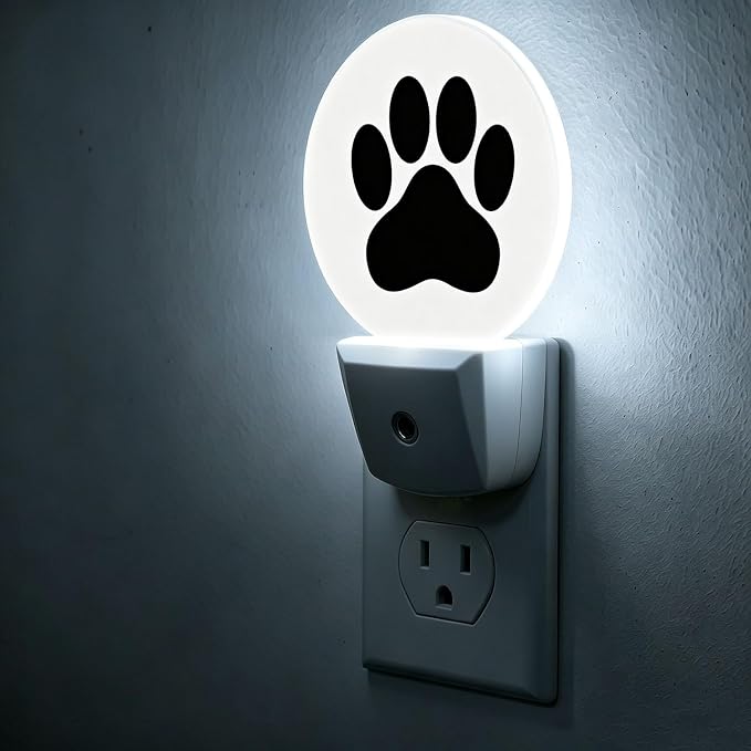 Nightlight Dog Paw Plug-in Night Lights Dusk to Dawn | Animal Puppy Black Cartoon Footprint Night Light LED Round Lamp with Auto on/off Sensor for Kitchen Hallway Bedroom Bathroom